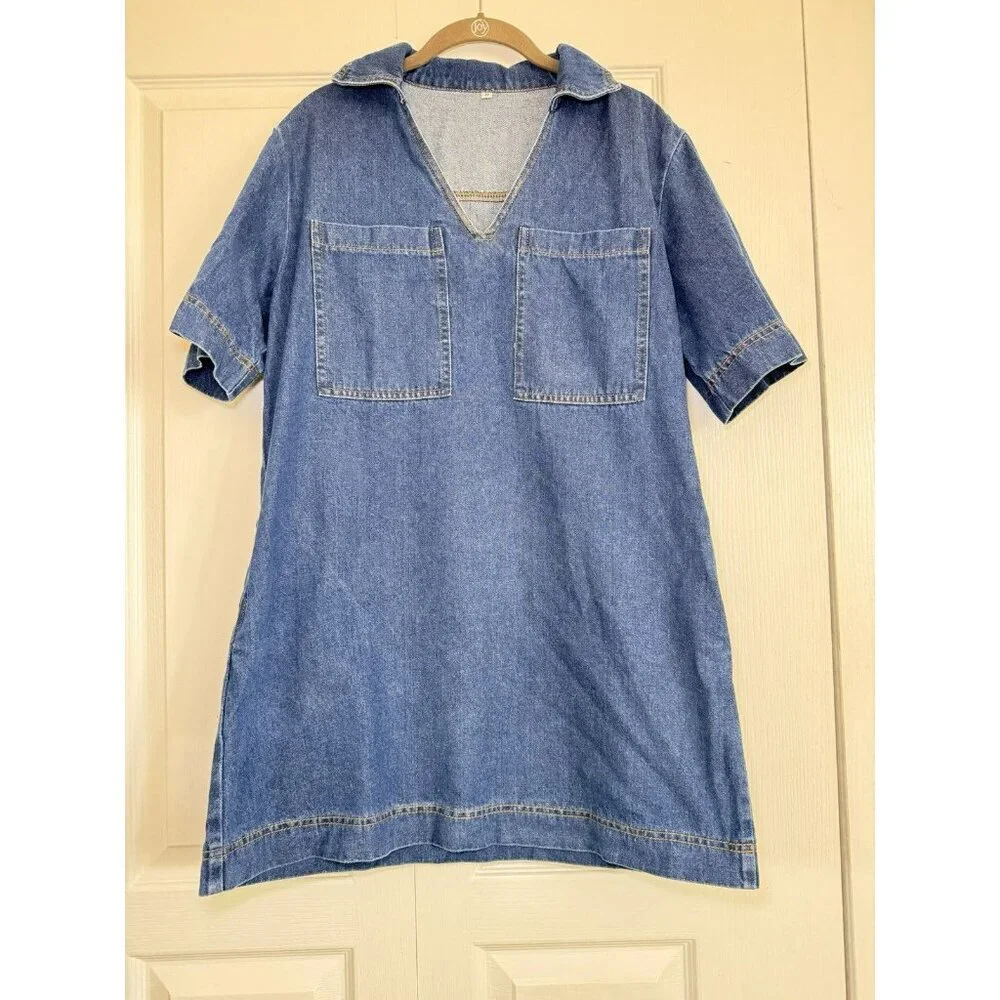 Denim Shift Dress Medium Blue Cotton Collared Pocket Casual Mini - Picture 2 of 8